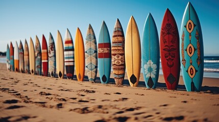 Surfboards standing on a sandy beach against a serene blue ocean backdrop. copy space for text. Vacation concept with space for text. Travel concept, Summertime concept with copy space.