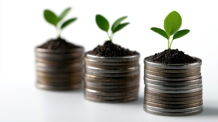 Three stacks of coins with a plant growing out of the middle
