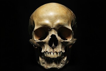 Fototapeta premium A detailed closeup of a human skull set against a solid black background