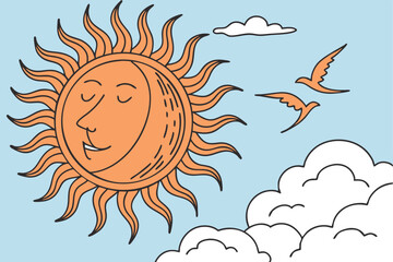 39 Bright orange sun, stylized flame-like rays, fluffy white clouds, cartoon weather icon, simple graphic design, vibrant colors, clear sky, partly cloudy, weather forecast symbol, vector illustration