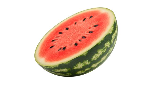 A vibrant slice of watermelon with dark green rind, displayed against a gradient background of pink, purple, blue, and green.