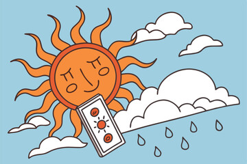 39 Bright orange sun, stylized flame-like rays, fluffy white clouds, cartoon weather icon, simple graphic design, vibrant colors, clear sky, partly cloudy, weather forecast symbol, vector illustration