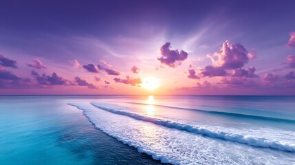 Obraz premium Serene Coastline Sunset with Gentle Waves at Dusk Tranquil Ambiance with Celestial Sky