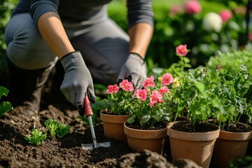 A gloved woman is planting beautiful flowers in a garden