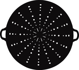 Circular silhouette of a metal colander with two side handles and a wide base
