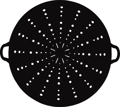 Circular silhouette of a metal colander with two side handles and a wide base