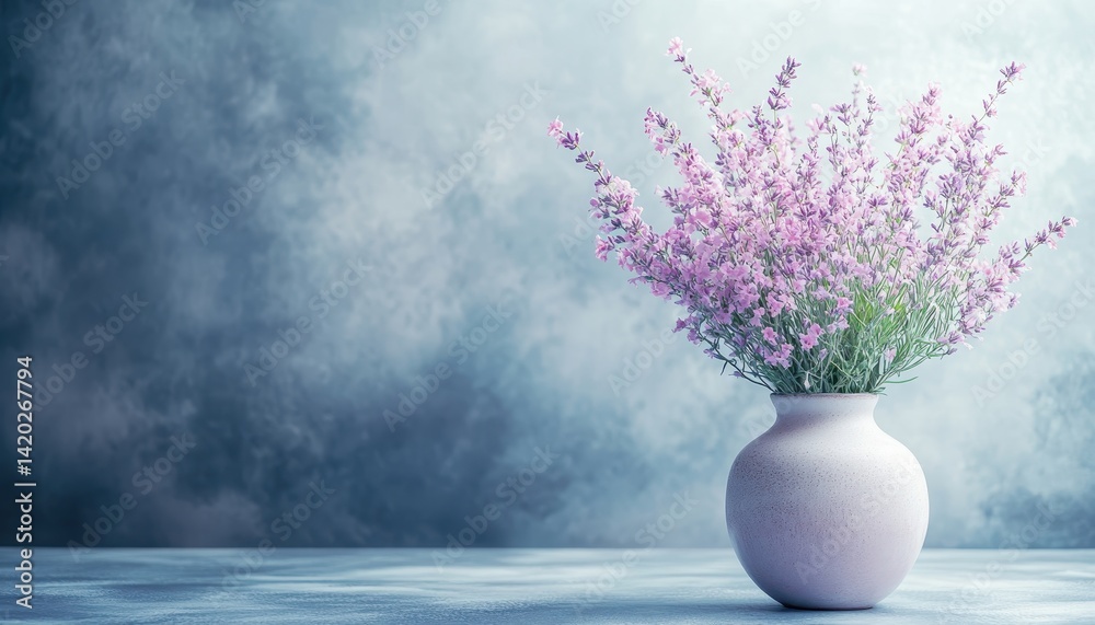 Poster elegant arrangement of blooming pink flowers in a simple vase placed on a tabletop beside a softly l