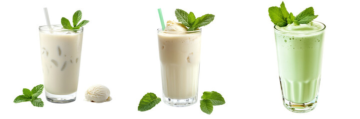 Set of a, Mint-flavored milk smoothie, isolated on a transparent background.