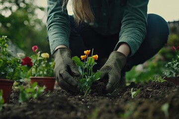Fototapeta premium A gloved woman is planting beautiful flowers in a garden