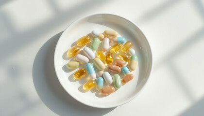 A bright arrangement of colorful dietary supplements on a white plate, showcasing various shapes and sizes under natural light.