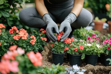 A gloved woman is planting beautiful flowers in a garden