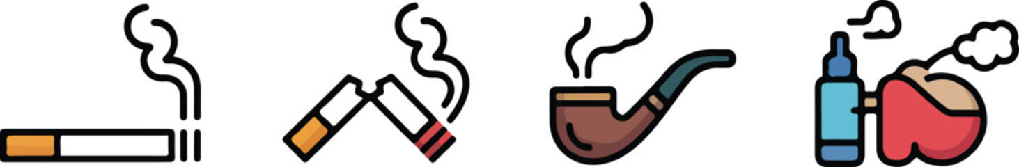 Smoking Habits Icon Set Cigarette, Pipe, and Vape