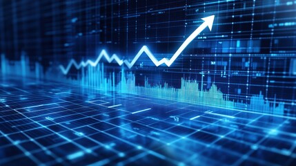 Data visualization a glowing blue graph with rising arrow, charts & analysis in a digital, high-tech setting
