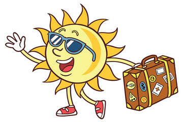 40 Cartoon sun character, smiling face, blue sunglasses, waving arm, holding brown suitcase with travel stickers, cheerful expression, bright yellow and orange colors, white background, cute illustrat