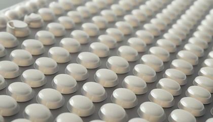 A close-up view of white tablets neatly arranged in rows, exemplifying pharmaceutical precision and quality in drug manufacturing.
