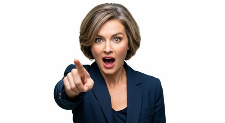 Naklejka premium Furious woman points with an accusatory gesture against white background.