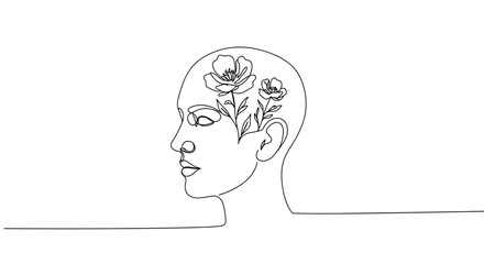 Minimalist one line drawing of human head with blooming flower inside
