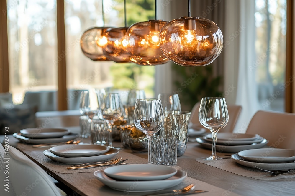 Poster elegant dining setup with warm lighting and a beautiful table arrangement in a modern interior desig