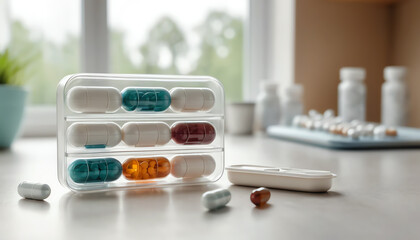 A colorful assortment of capsules and tablets in a medication organizer, conveying the importance of proper medication management.