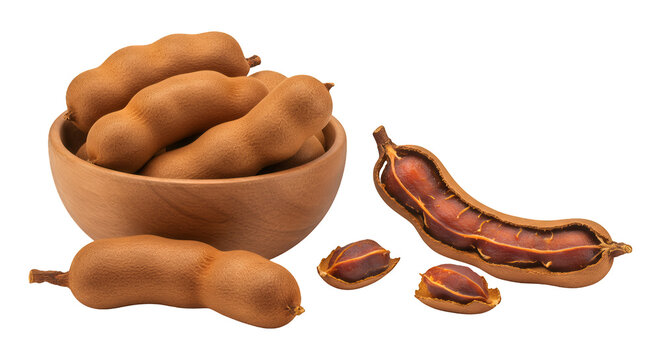 Tamarind fruit in wooden bowl and open pods isolated on black background