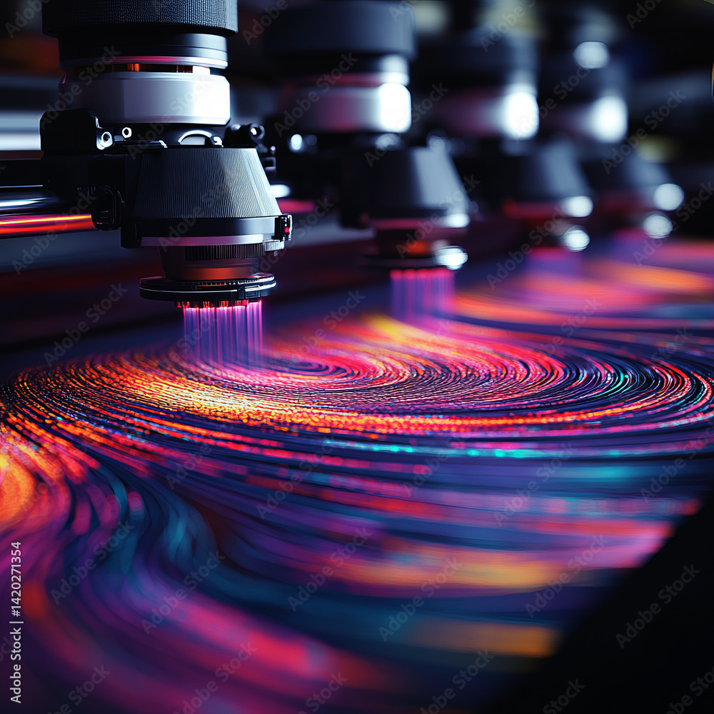 Poster product image showcasing four print heads in action within a sleek, professional dtf printer setup.