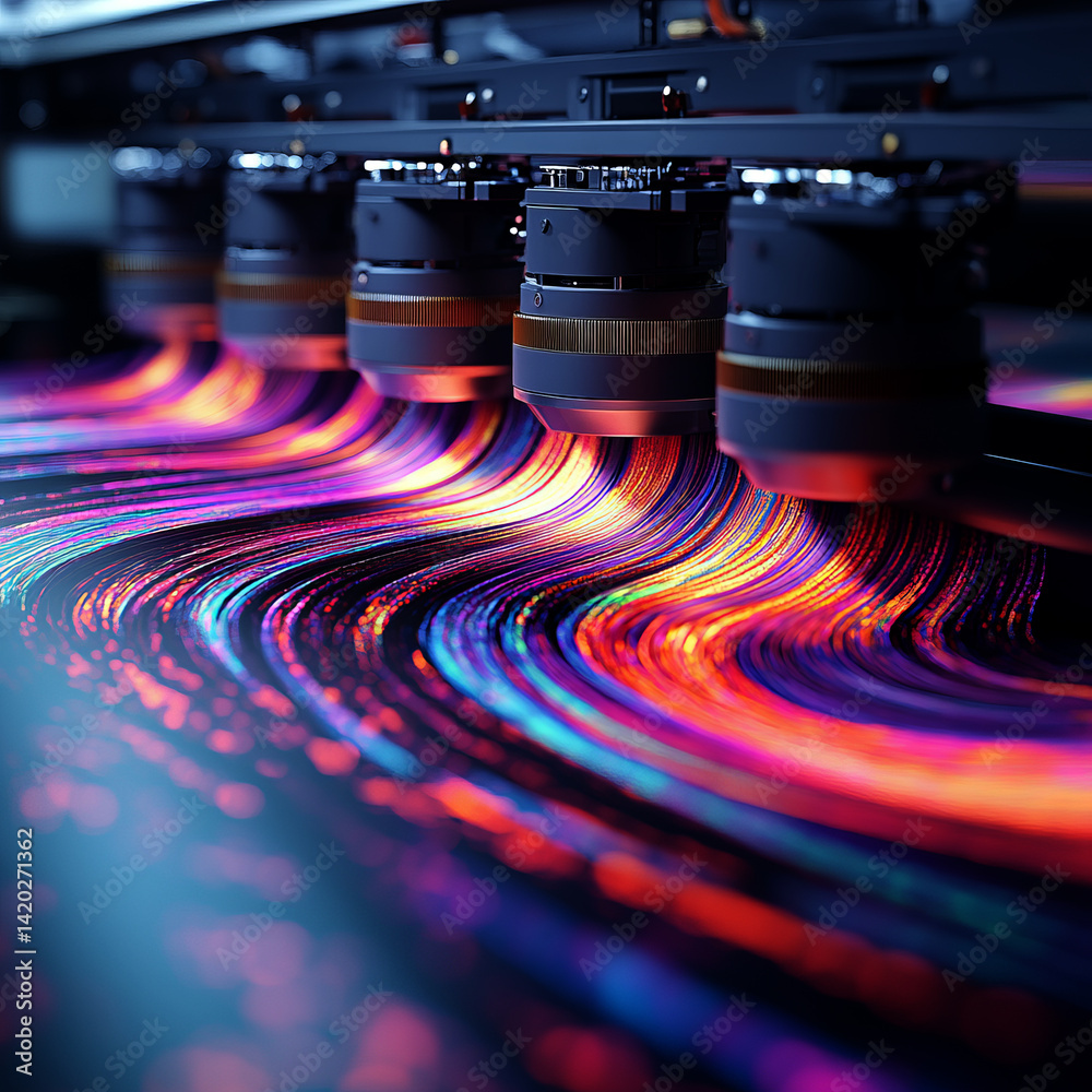 Poster product image showcasing four print heads in action within a sleek, professional dtf printer setup.