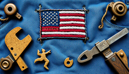 A creative arrangement featuring a stitched American flag surrounded by vintage tools, symbolizing craftsmanship and patriotism.