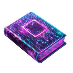 Glowing Purple and Blue Digital Book with Neon Lines and Particles