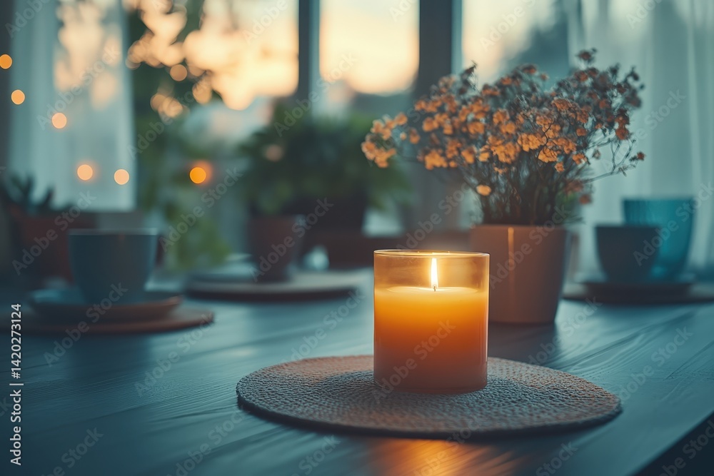 Poster elegant dining setup with warm lighting and a beautiful table arrangement in a modern interior desig