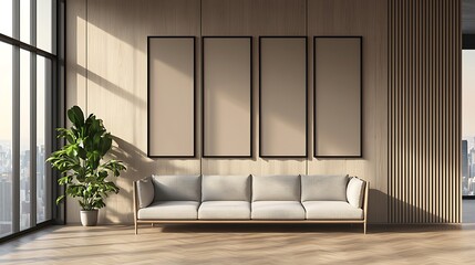 Modern Living Room with Couch, Blank Frames, and Tall Windows
