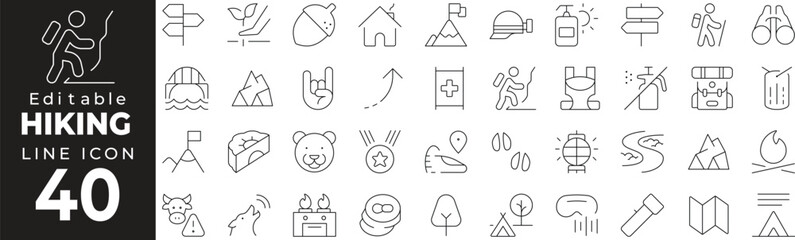 Hiking Icon Set: A Line Icon Collection Featuring Backpack, Trail, Map, Boots, Compass, and More