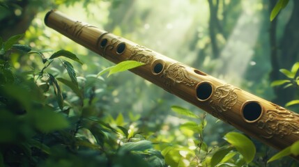 Naklejka premium Mystical Bamboo Flute in Lush Rainforest