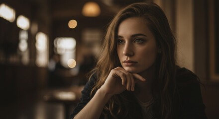 Pensive young woman with hand to chin in a cafe, looking off into distance