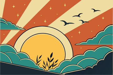 41 Sunset illustration, vibrant yellow sun, stylized clouds, warm color palette, orange and teal contrast, circular glow, celestial sky, minimalist design, vector art style, dramatic lighting, atmosph
