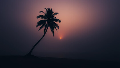 Obraz premium A serene silhouette of a palm tree against a colorful sunset with dreamy fog for a tranquil atmosphere.