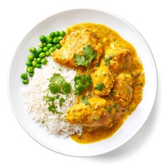 Naklejka premium Chicken curry with rice and peas served on plate isolated on white background