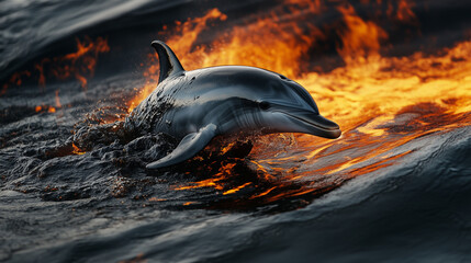Obraz premium dolphin swims in dark, burning ocean, surrounded by fire and smoke in a dramatic environmental scene.Pollution in oceans concept.