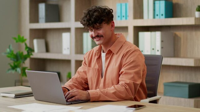 Excited surprised Caucasian businessman freelancer guy male business man shock wonder employer manager laptop internet working studying in office startup successful deal amazed job offer win surprise