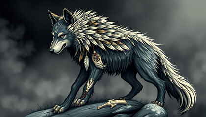 A stunning illustration of a wolf with a unique, feathered coat, poised confidently on a rocky outcrop, surrounded by mist and mystery.