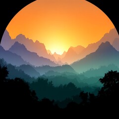 Serene Mountain Landscape at Sunrise with Silhouetted Trees and Warm Hues in the Sky Art Illustration.