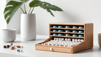 A stylish wooden storage box filled with colorful beads, accompanied by a potted plant, perfect for organized crafting spaces.