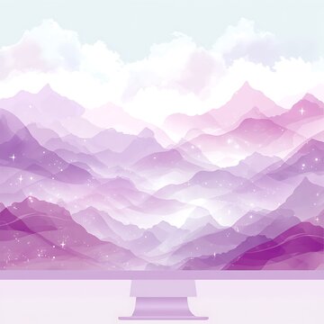 Serene Mountain Layers Digital Display Wallpaper Scenery with Pastel Clouds and Stars Glow.
