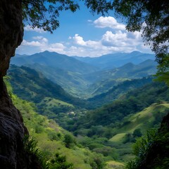 Fototapeta premium Serene Mountains and Valley Vista Embraced by Nature's Frame for Tranquil Landscape Photography.
