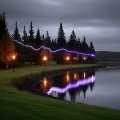 Obraz premium Serene Nightscape with Trees and Illuminated Lake Reflection in a Park Setting.
