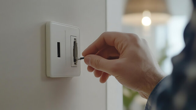Electrician testing power outlets in a living room. Featuring care and accuracy