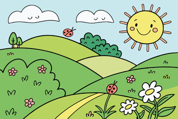 44 Cheerful cartoon landscape, rolling green hills, bright yellow sun, radiant sunbeams, blue sky, white clouds, colorful wildflowers, daisies, sunflowers, pink flowers, lush grass, springtime scene, 