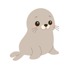 A cute cartoon seal is sitting on its back legs. The seal has a big smile on its face and is looking at the camera