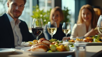 Elegant Dinner Gathering: Friends Enjoying Gourmet Meal and Wine