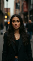 Woman in black blazer standing on city street looking at the camera.