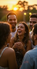 A group of friends enjoying a joyful gathering at sunset.
